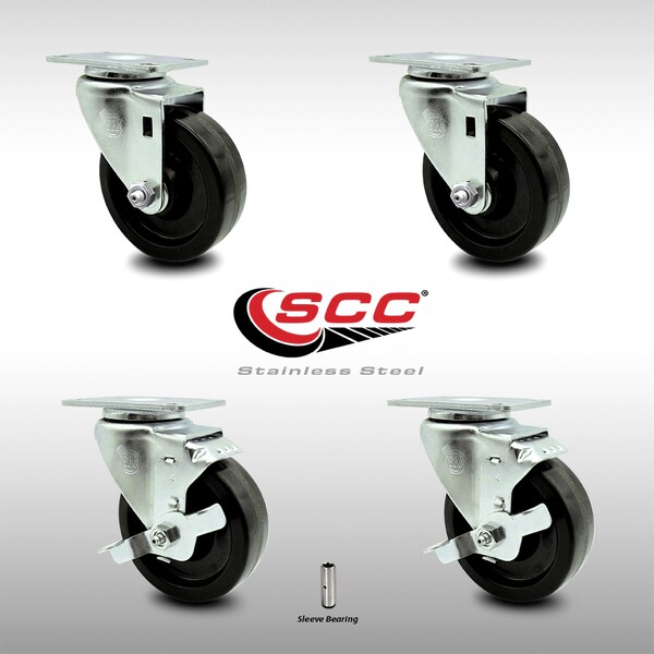 4 Inch SS Phenolic Swivel Top Plate Caster Set with 2 Brakes